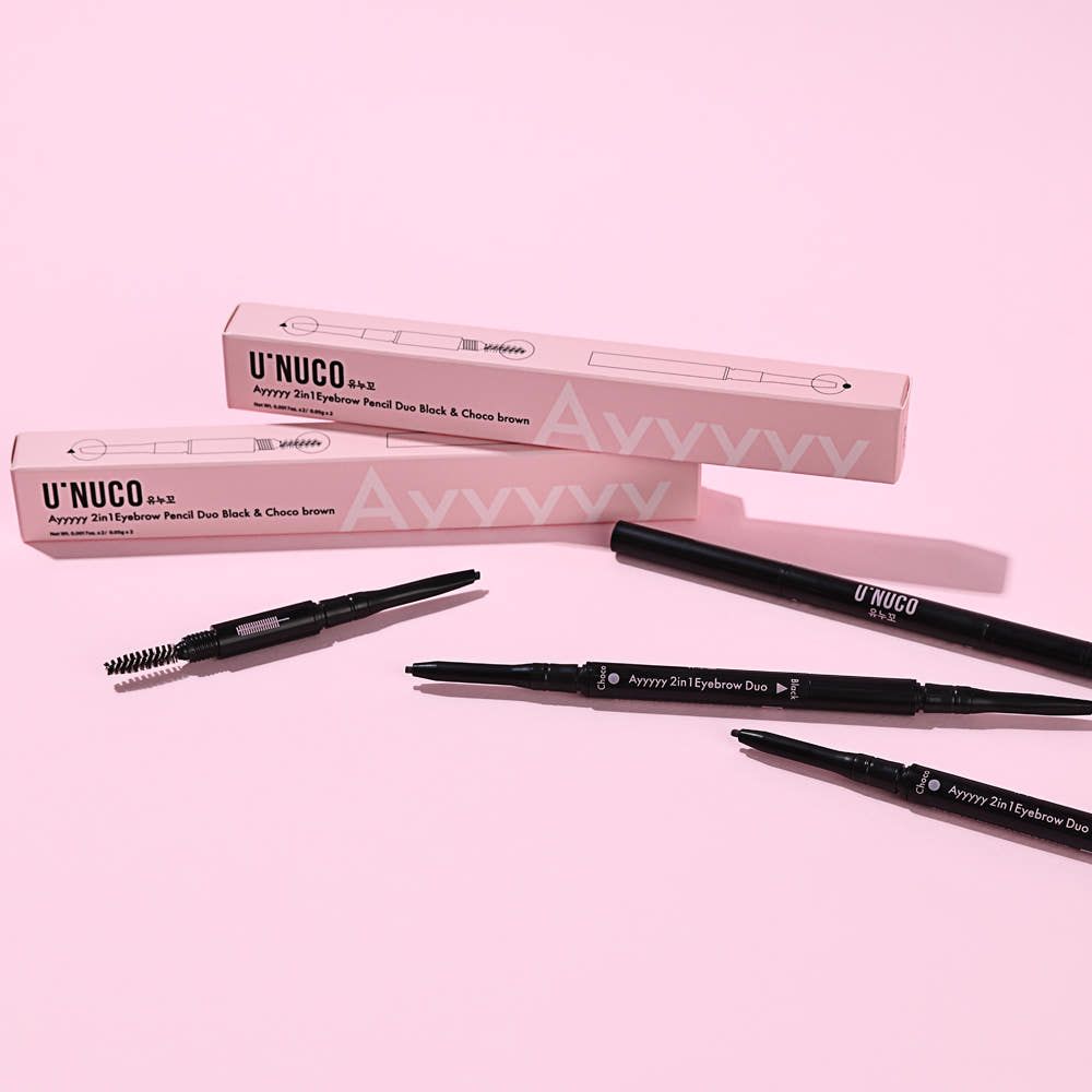 U'NUCO Ezyyyyy 2in1 Eyebrow Pencil Duo Black and Choco Brown Triangle Round Tip Hidden Brush K-Beauty _ Made in Korea